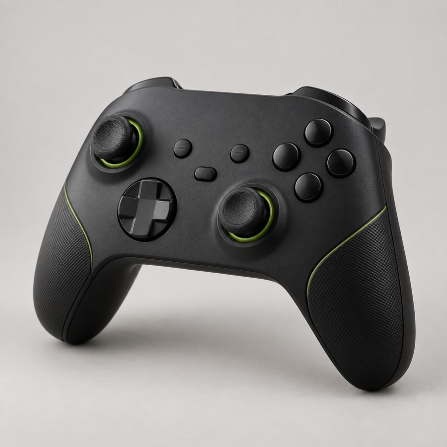 Matte black wireless game controller with lime accents