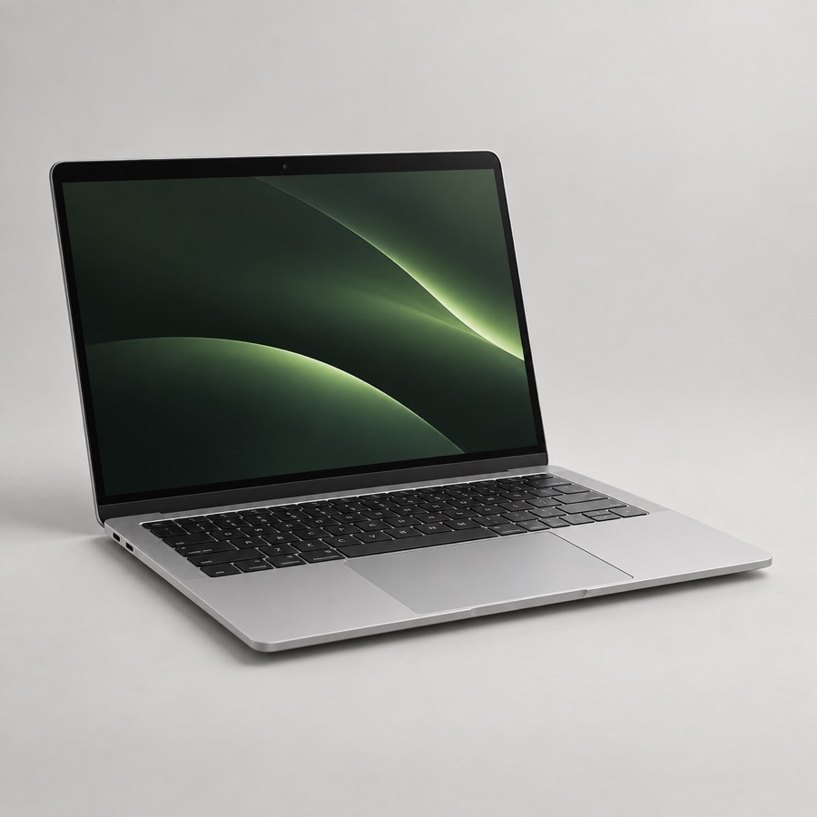 Slim silver 14-inch laptop in a studio setting