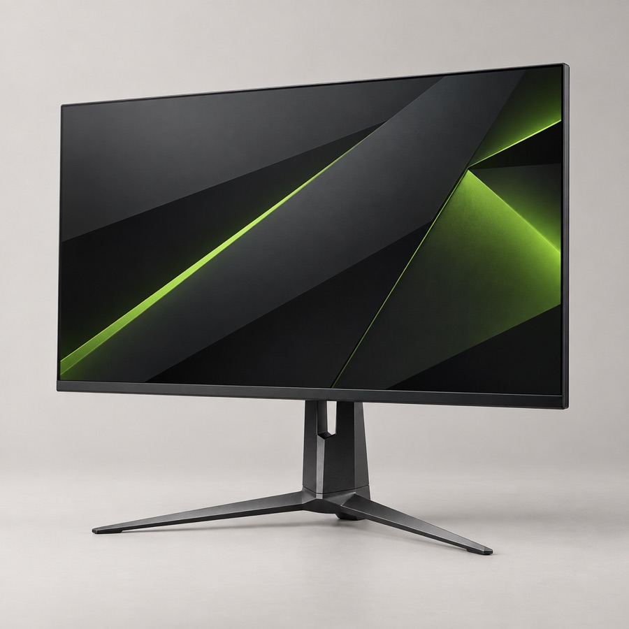 Slim-bezel 27-inch gaming monitor with a dark geometric display