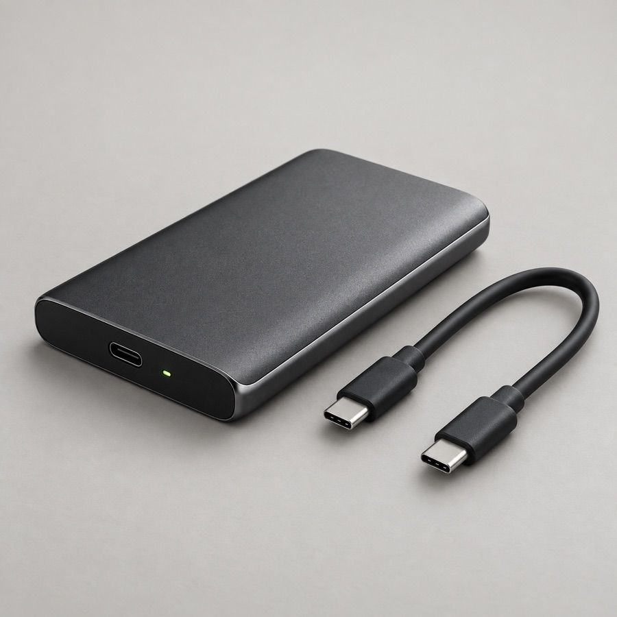 Compact graphite portable SSD with USB-C cable