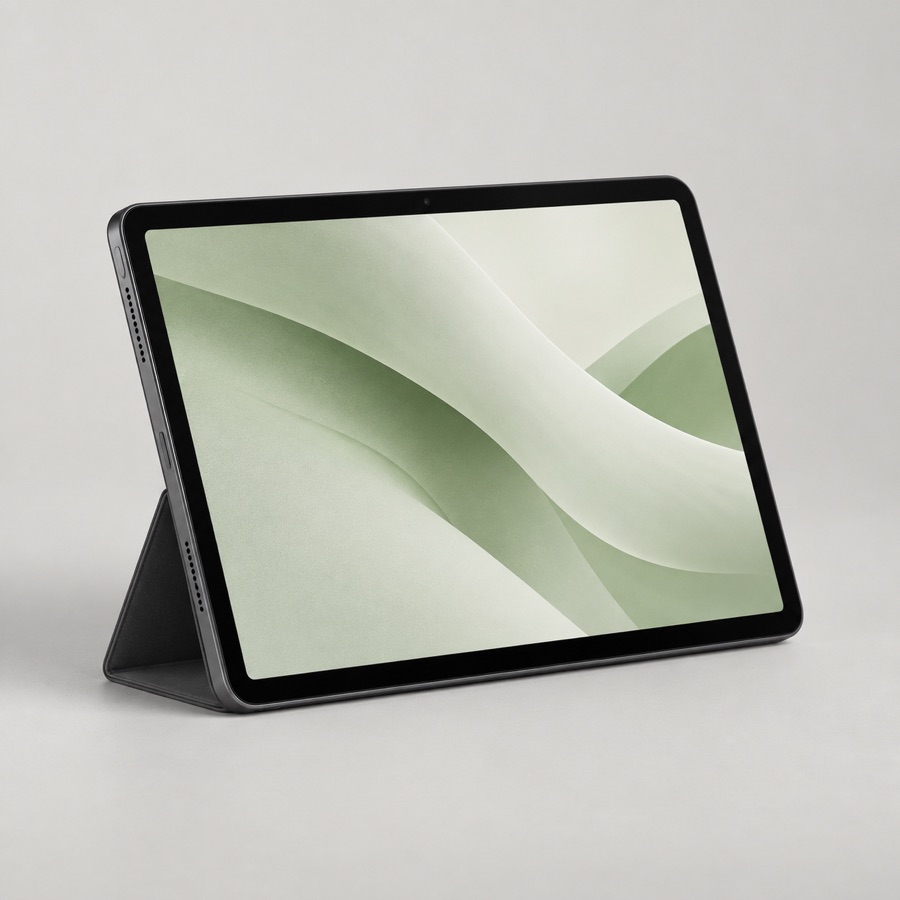 Graphite 11-inch tablet propped in a slim folding case